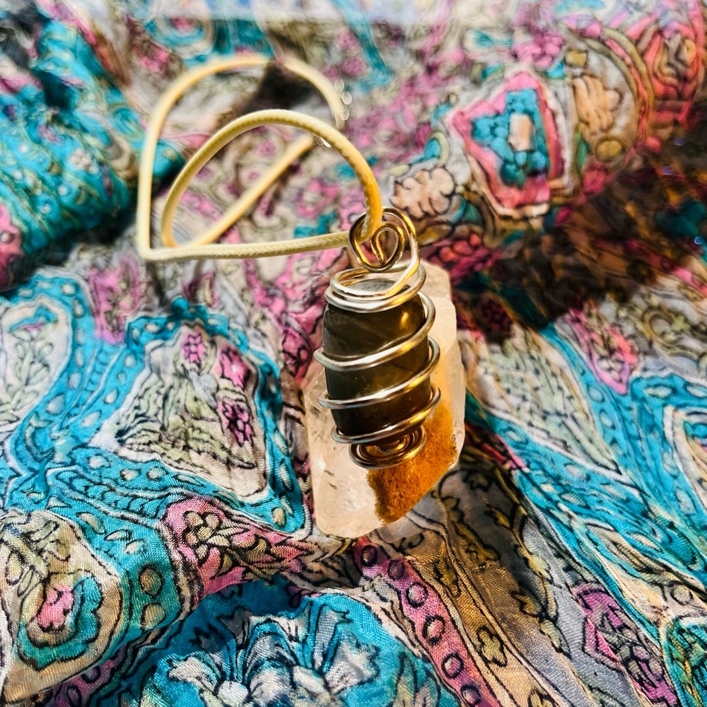 Gold Wire Wrapped Stone Pendant Necklace